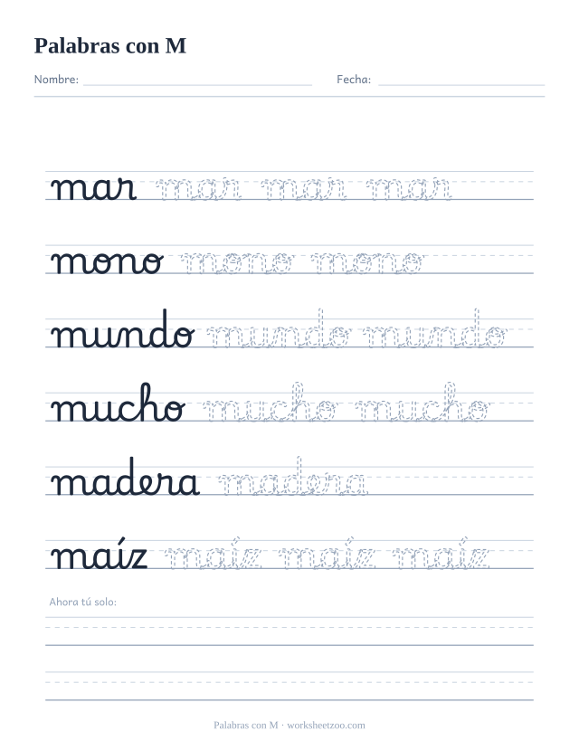 Ficha de palabras con M en cursiva: mar, mono, mundo, mucho, madera y maíz