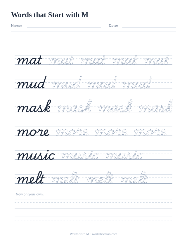 Cursive words starting with M worksheet, trace mat, mud, mask, more, music and melt