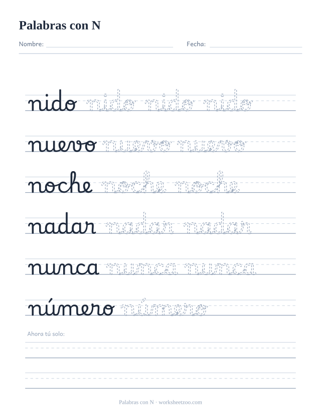 Ficha de palabras con N en cursiva: nido, nuevo, noche, nadar, nunca y número