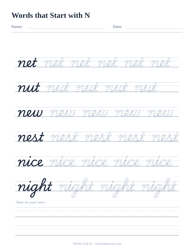 Cursive words starting with N worksheet, trace net, nut, new, nest, nice and night