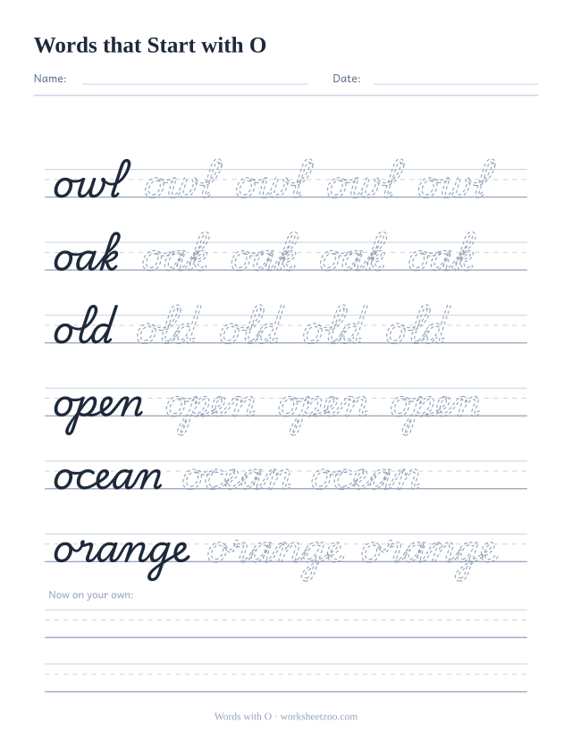Cursive words starting with O worksheet, trace owl, oak, old, open, ocean and orange