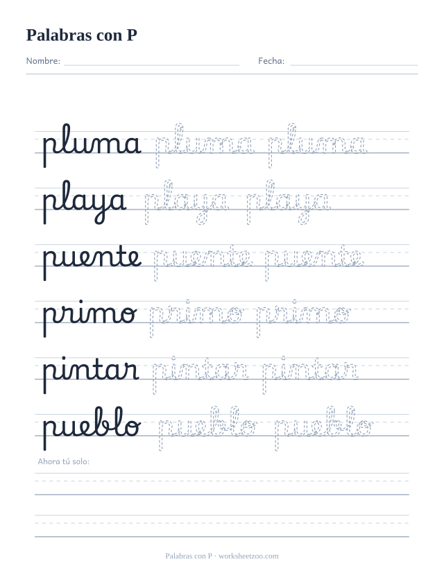 Ficha de palabras con P en cursiva: pluma, playa, puente, primo, pintar y pueblo