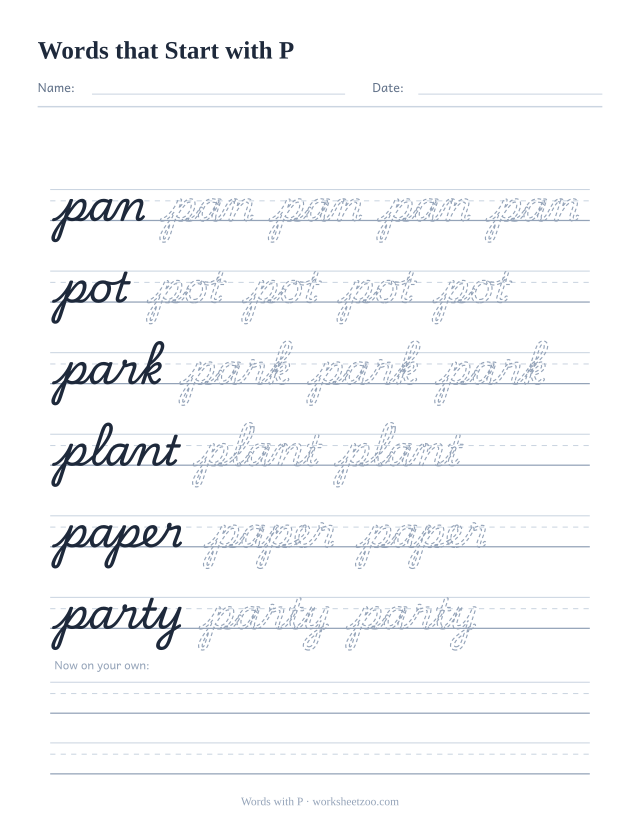 Cursive words starting with P worksheet, trace pan, pot, park, plant, paper and party
