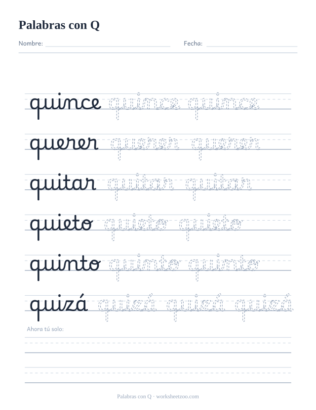 Ficha de palabras con Q en cursiva: quince, querer, quitar, quieto, quinto y quizá