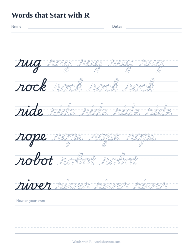 Cursive words starting with R worksheet, trace rug, rock, ride, rope, robot and river