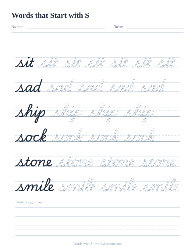 Cursive words starting with S worksheet, trace sit, sad, ship, sock, stone and smile