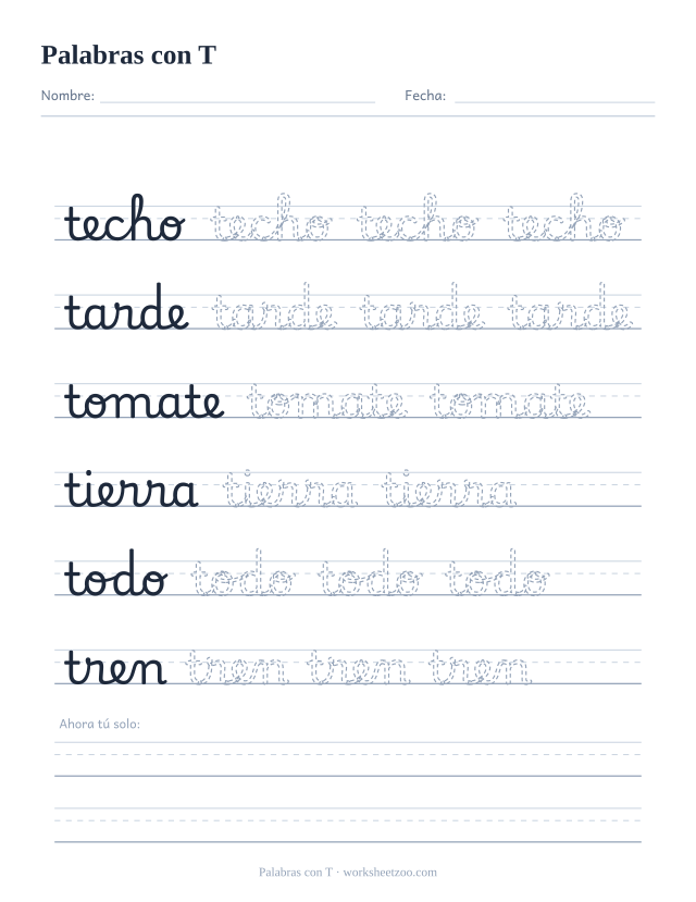 Ficha de palabras con T en cursiva: techo, tarde, tomate, tierra, todo y tren