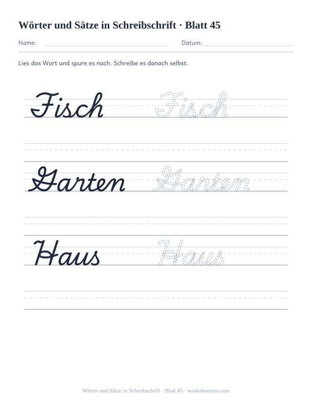 Vorschau: Wörter und Sätze in Schreibschrift, druckbares Arbeitsblatt 45