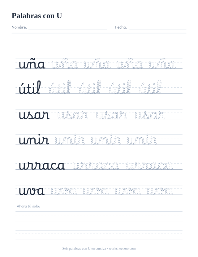 Ficha de palabras con U en cursiva: uña, útil, usar, unir, urraca y uva