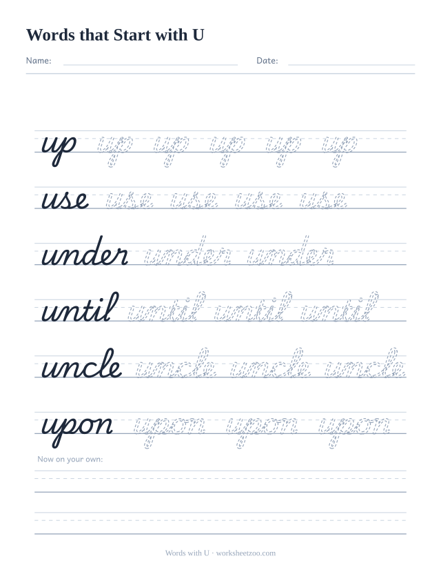 Cursive words starting with U worksheet, trace up, use, under, until, uncle and upon