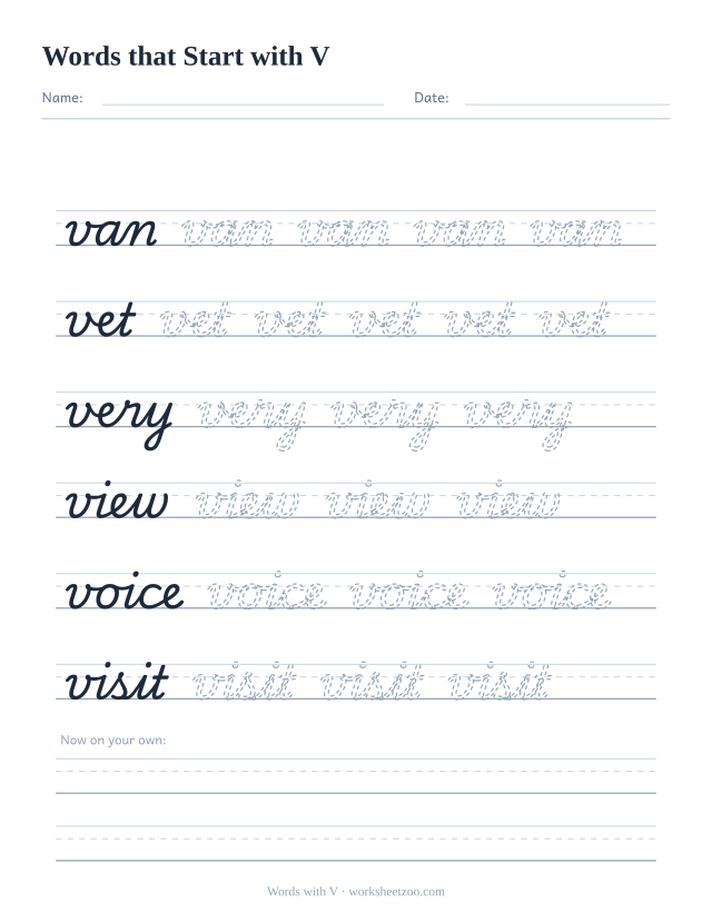 Cursive words starting with V worksheet, trace van, vet, very, view, voice and visit