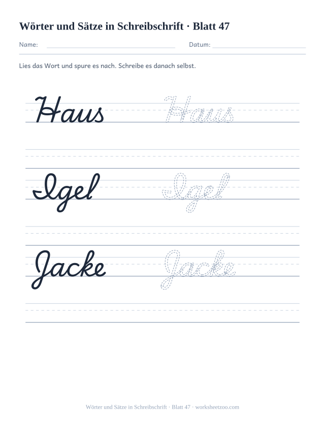 Vorschau: Wörter und Sätze in Schreibschrift, druckbares Arbeitsblatt 47
