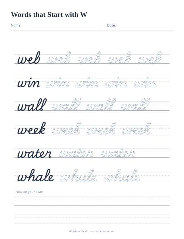 Cursive words starting with W worksheet, trace web, win, wall, week, water and whale
