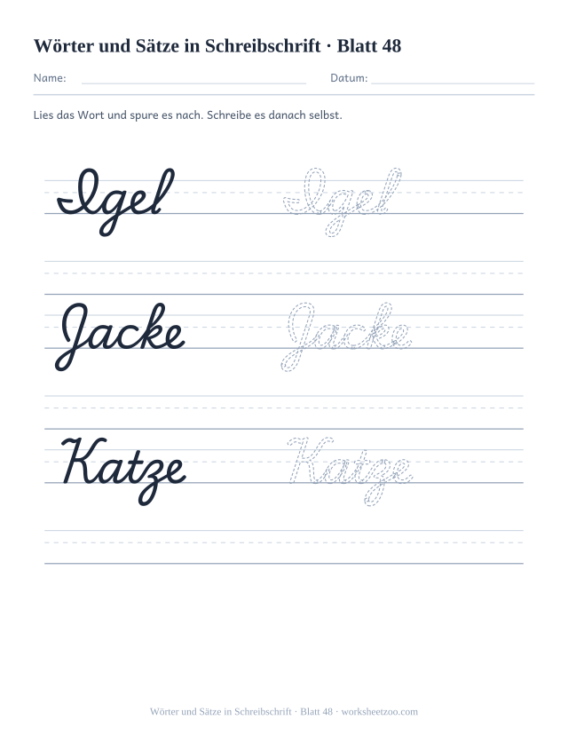 Vorschau: Wörter und Sätze in Schreibschrift, druckbares Arbeitsblatt 48