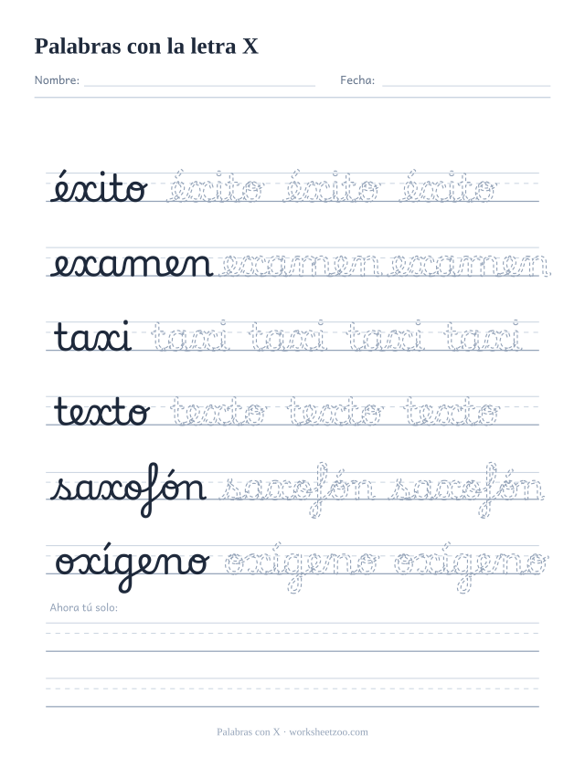 Ficha de la letra X en cursiva dentro de la palabra: éxito, examen, taxi, texto, saxofón y oxígeno