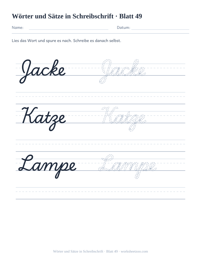 Vorschau: Wörter und Sätze in Schreibschrift, druckbares Arbeitsblatt 49