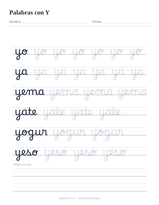 Ficha de palabras con Y en cursiva: yo, ya, yema, yate, yogur y yeso