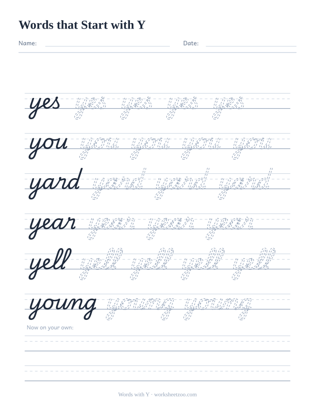 Cursive words starting with Y worksheet, trace yes, you, yard, year, yell and young