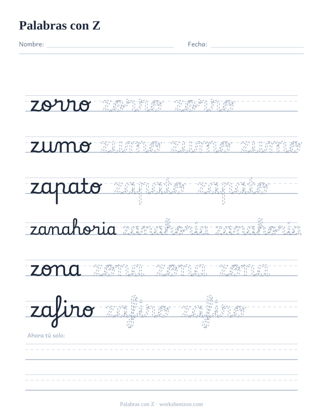 Ficha de palabras con Z en cursiva: zorro, zumo, zapato, zanahoria, zona y zafiro