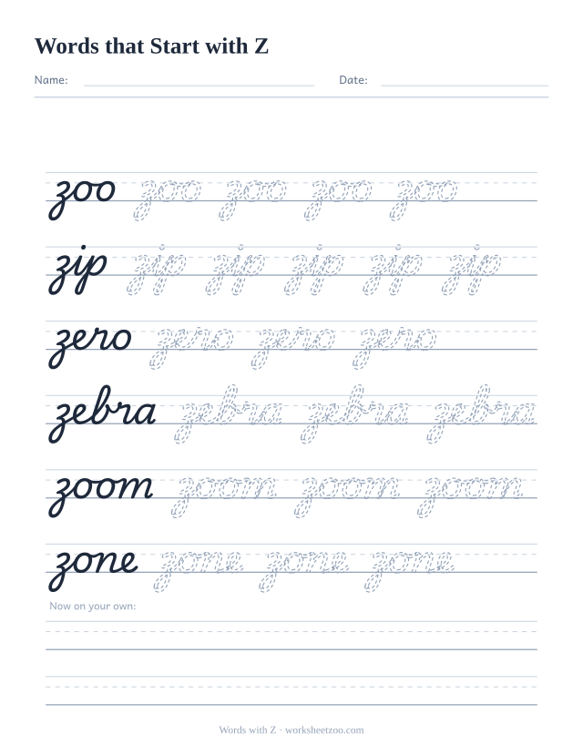 Cursive words starting with Z worksheet, trace zoo, zip, zero, zebra, zoom and zone