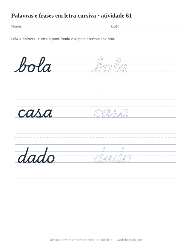 Prévia de Palavras e frases em letra cursiva, atividade 61 para imprimir