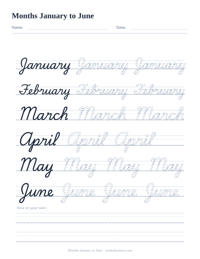 Cursive months worksheet, trace January, February, March, April, May and June
