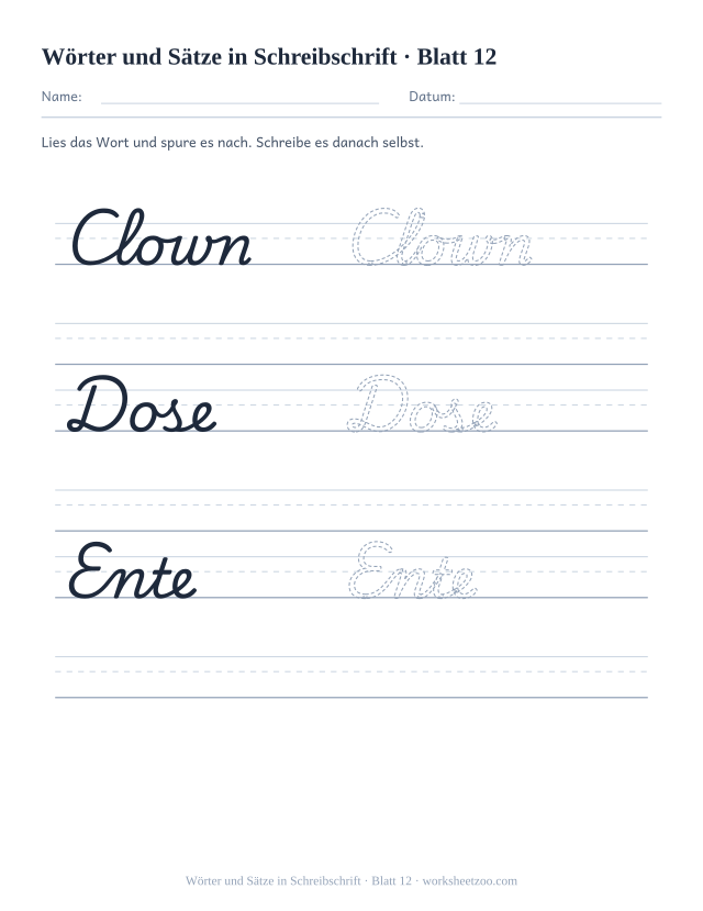 Vorschau: Wörter und Sätze in Schreibschrift, druckbares Arbeitsblatt 12