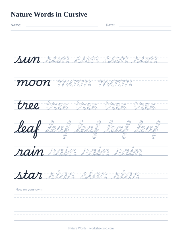 Cursive nature words worksheet, trace sun, moon, tree, leaf, rain and star