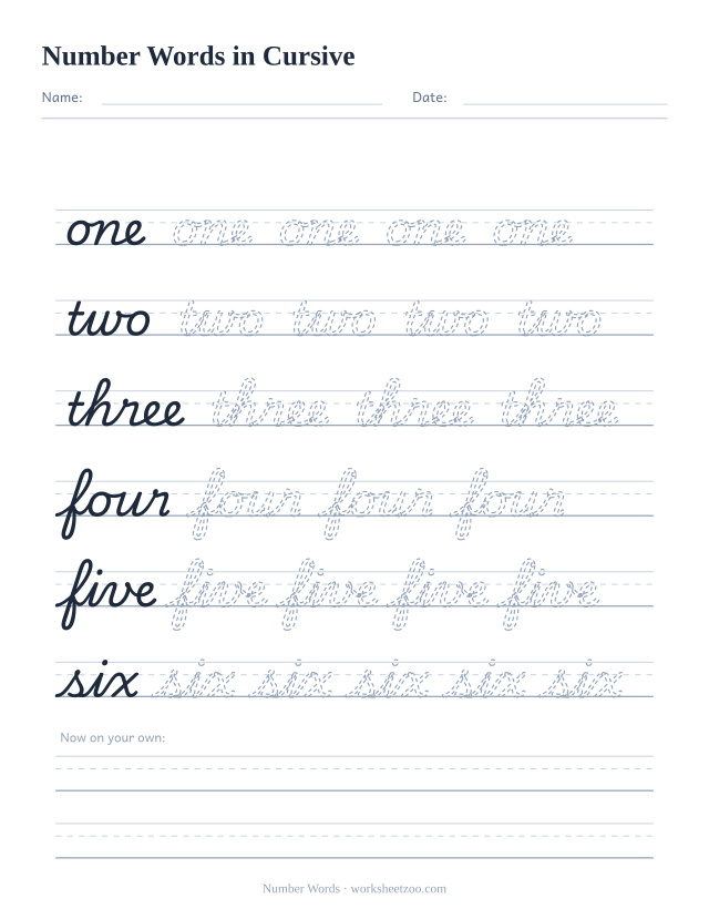 Cursive number words worksheet, trace one, two, three, four, five and six