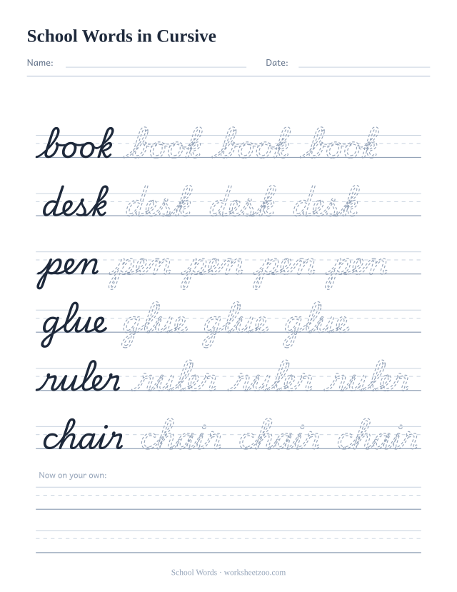 Cursive school words worksheet, trace book, desk, pen, glue, ruler and chair