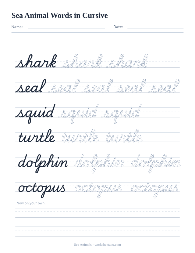 Cursive sea animal words worksheet, trace shark, seal, squid, turtle, dolphin and octopus