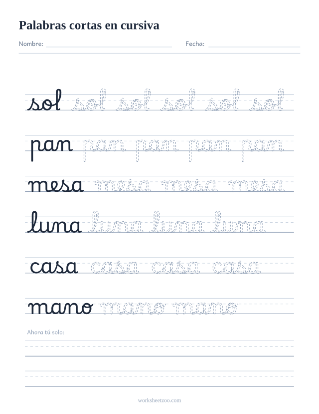 Ficha de palabras cortas en cursiva: sol, pan, mesa, luna, casa y mano sobre pauta