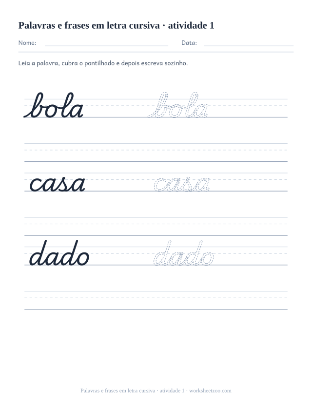 Prévia de Palavras e frases em letra cursiva, atividade 1 para imprimir