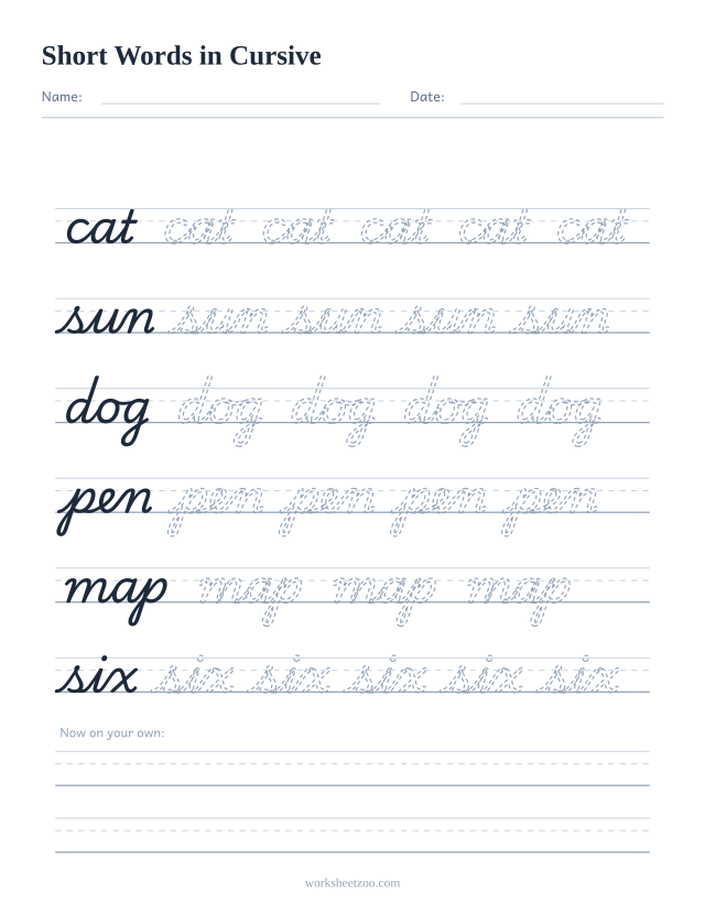 Cursive short words worksheet, trace cat, sun, dog, pen, map and six on handwriting guides