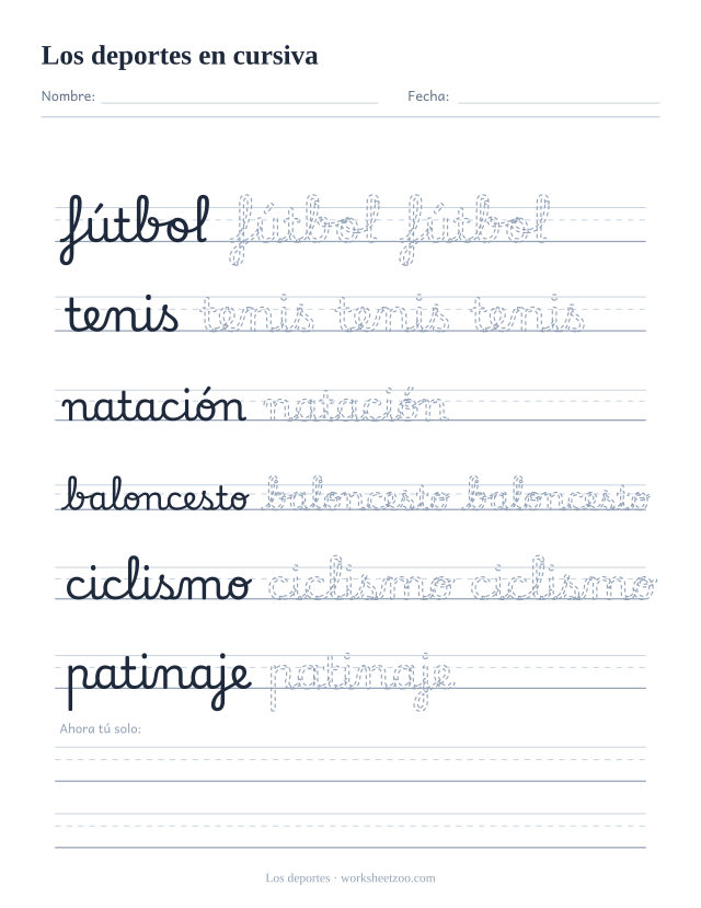 Ficha de deportes en cursiva: fútbol, tenis, natación, baloncesto, ciclismo y patinaje