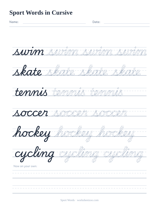 Cursive sport words worksheet, trace swim, skate, tennis, soccer, hockey and cycling