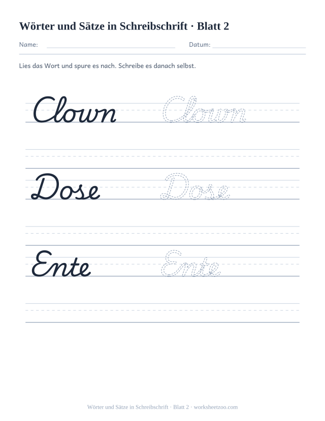 Vorschau: Wörter und Sätze in Schreibschrift, druckbares Arbeitsblatt 2