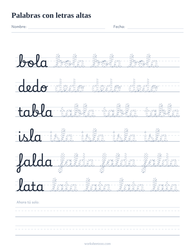 Ficha de palabras con letras altas en cursiva: bola, dedo, tabla, isla, falda y lata