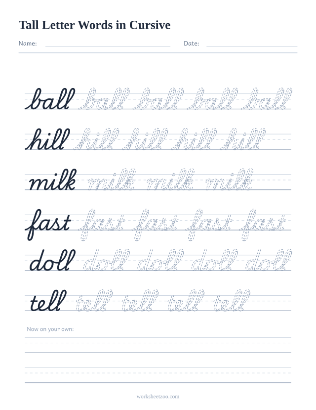 Cursive tall letter words worksheet, trace ball, hill, milk, fast, doll and tell