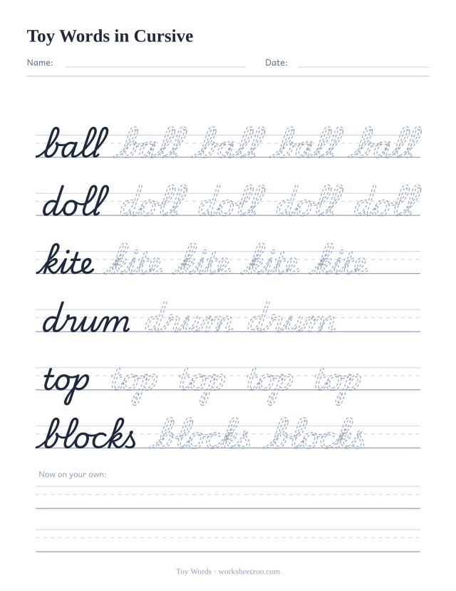 Cursive toy words worksheet, trace ball, doll, kite, drum, top and blocks