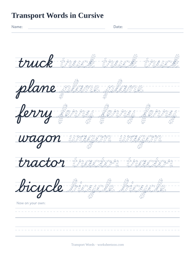 Cursive transport words worksheet, trace truck, plane, ferry, wagon, tractor and bicycle