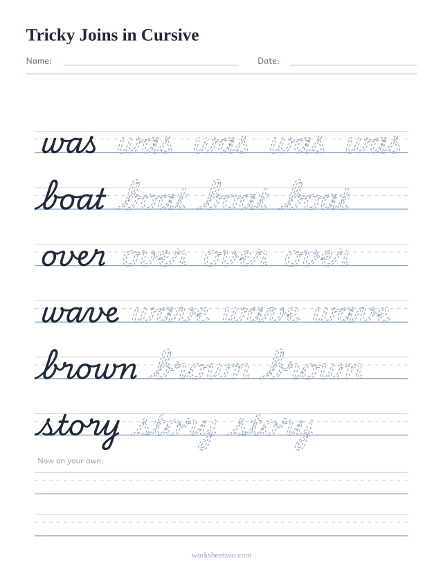 Cursive tricky joins worksheet, trace was, boat, over, wave, brown and story