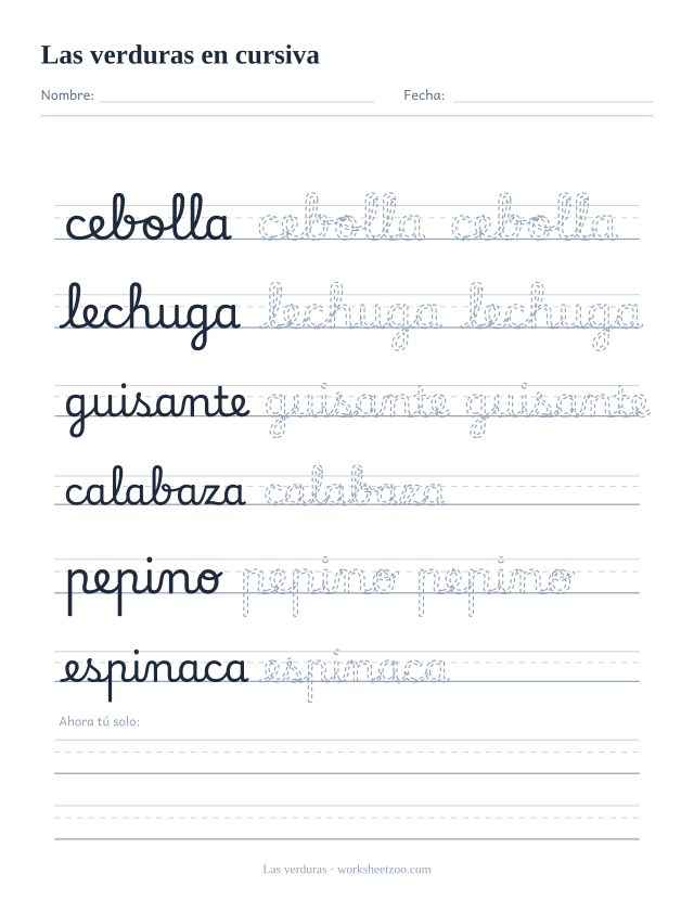 Ficha de verduras en cursiva: cebolla, lechuga, guisante, calabaza, pepino y espinaca