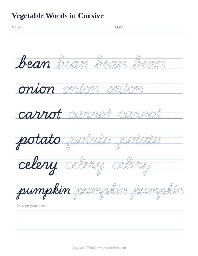 Cursive vegetable words worksheet, trace bean, onion, carrot, potato, celery and pumpkin