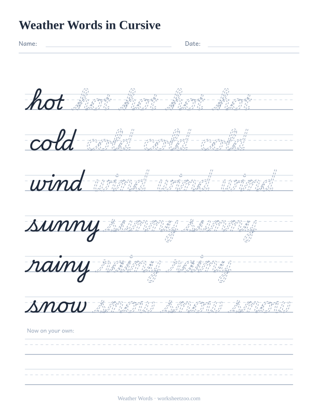 Cursive weather words worksheet, trace hot, cold, wind, sunny, rainy and snow