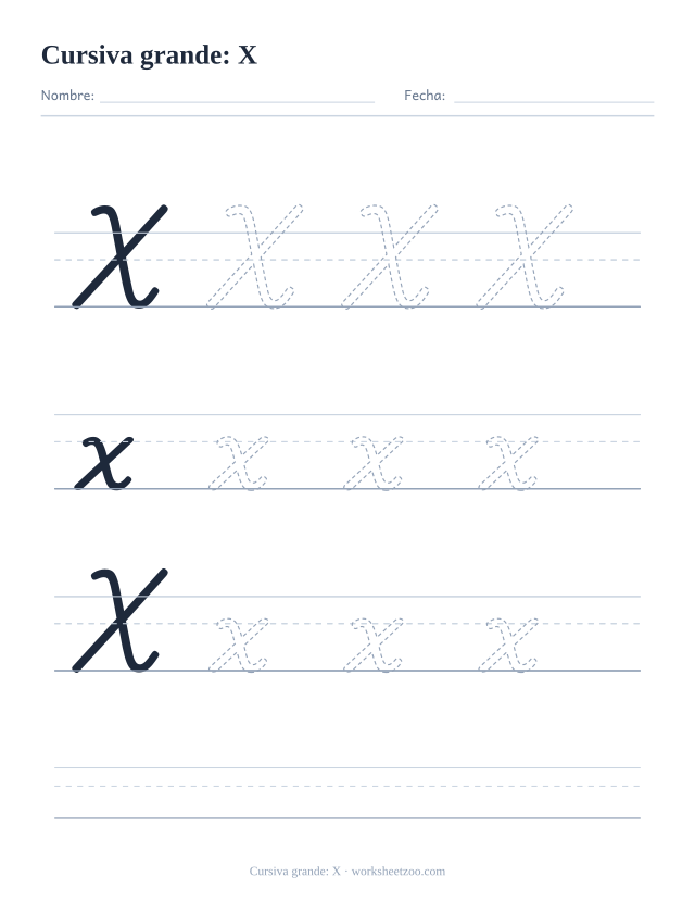 Ficha de la letra X en cursiva en tamaño extragrande para trazar