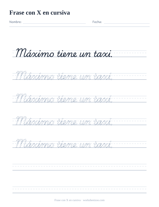 Ficha de frase con la X en cursiva: Máximo tiene un taxi.
