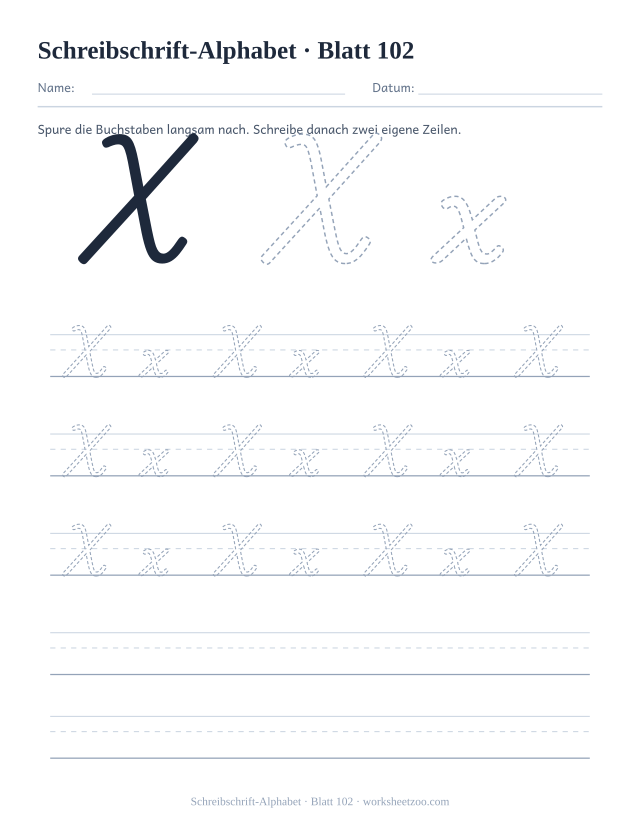 Vorschau: Schreibschrift-Alphabet, druckbares Arbeitsblatt 102