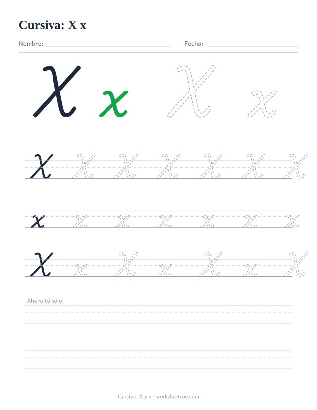 Ficha de la letra X en cursiva: práctica de mayúscula y minúscula sobre pauta