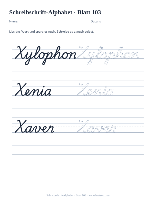 Vorschau: Schreibschrift-Alphabet, druckbares Arbeitsblatt 103